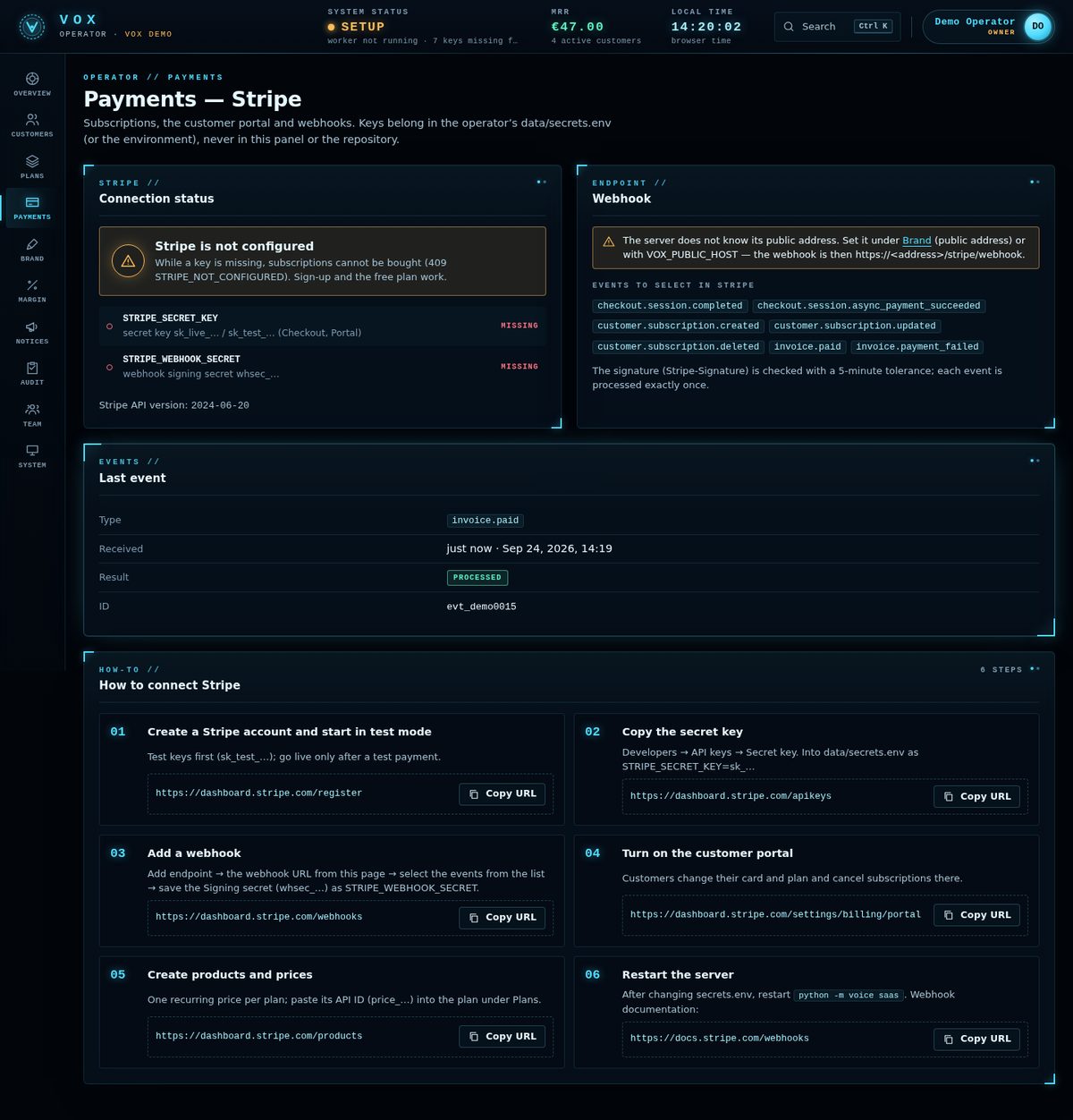 Payments · demo install without Stripe keys