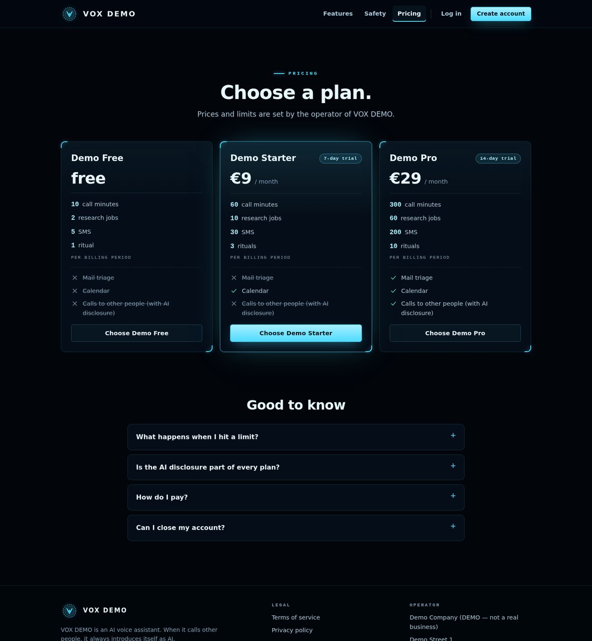 Public pricing page · demo plans