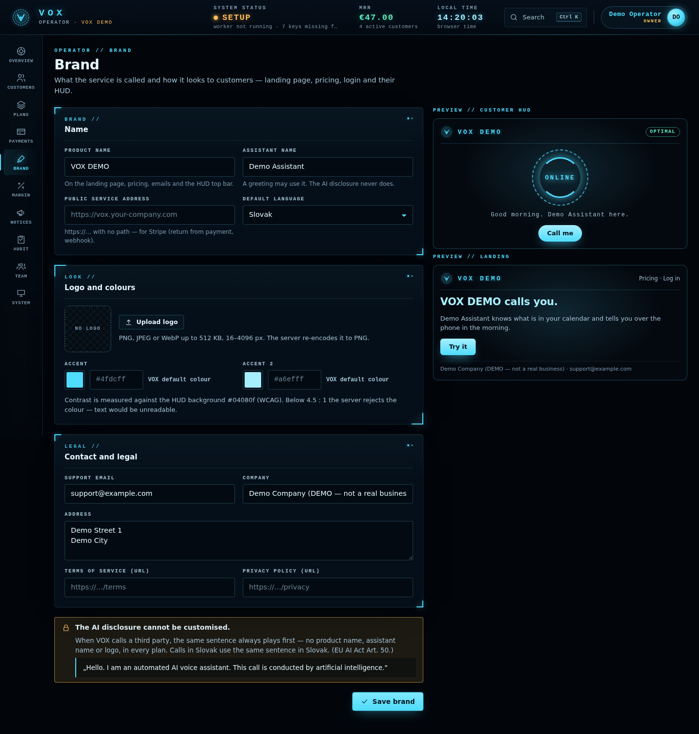 Operator panel — brand, desktop width