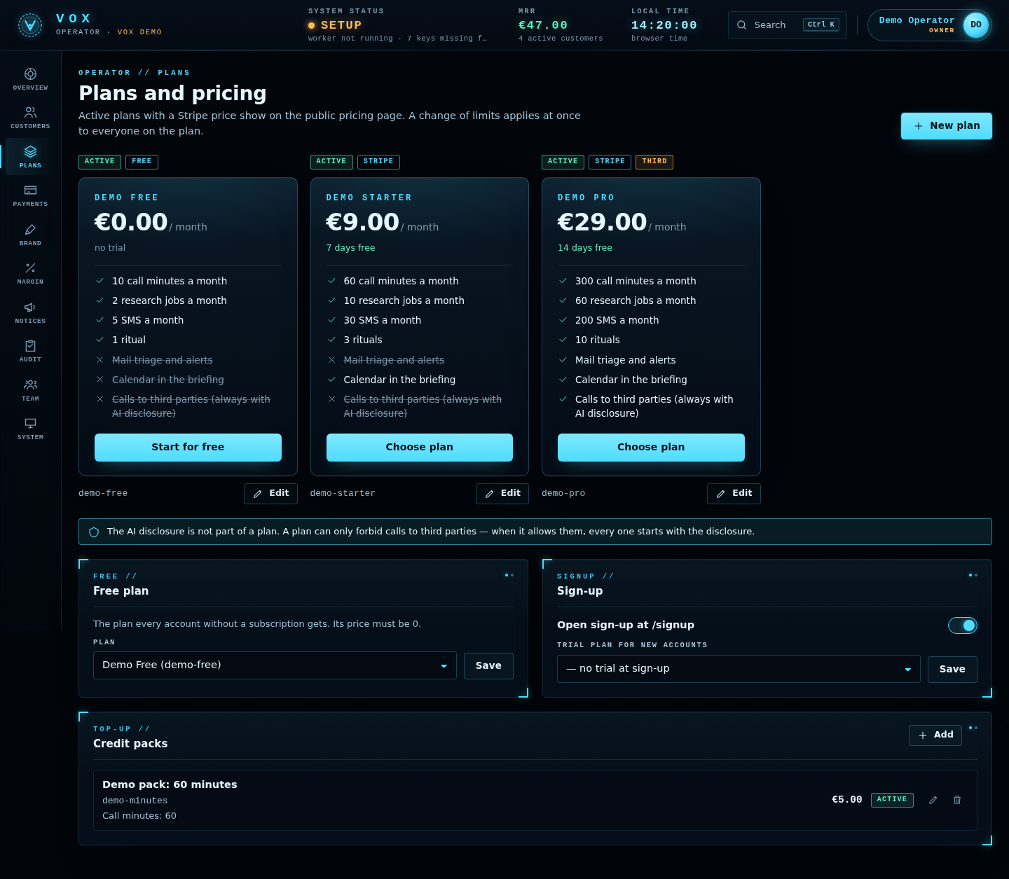 Operator panel — plans, desktop width