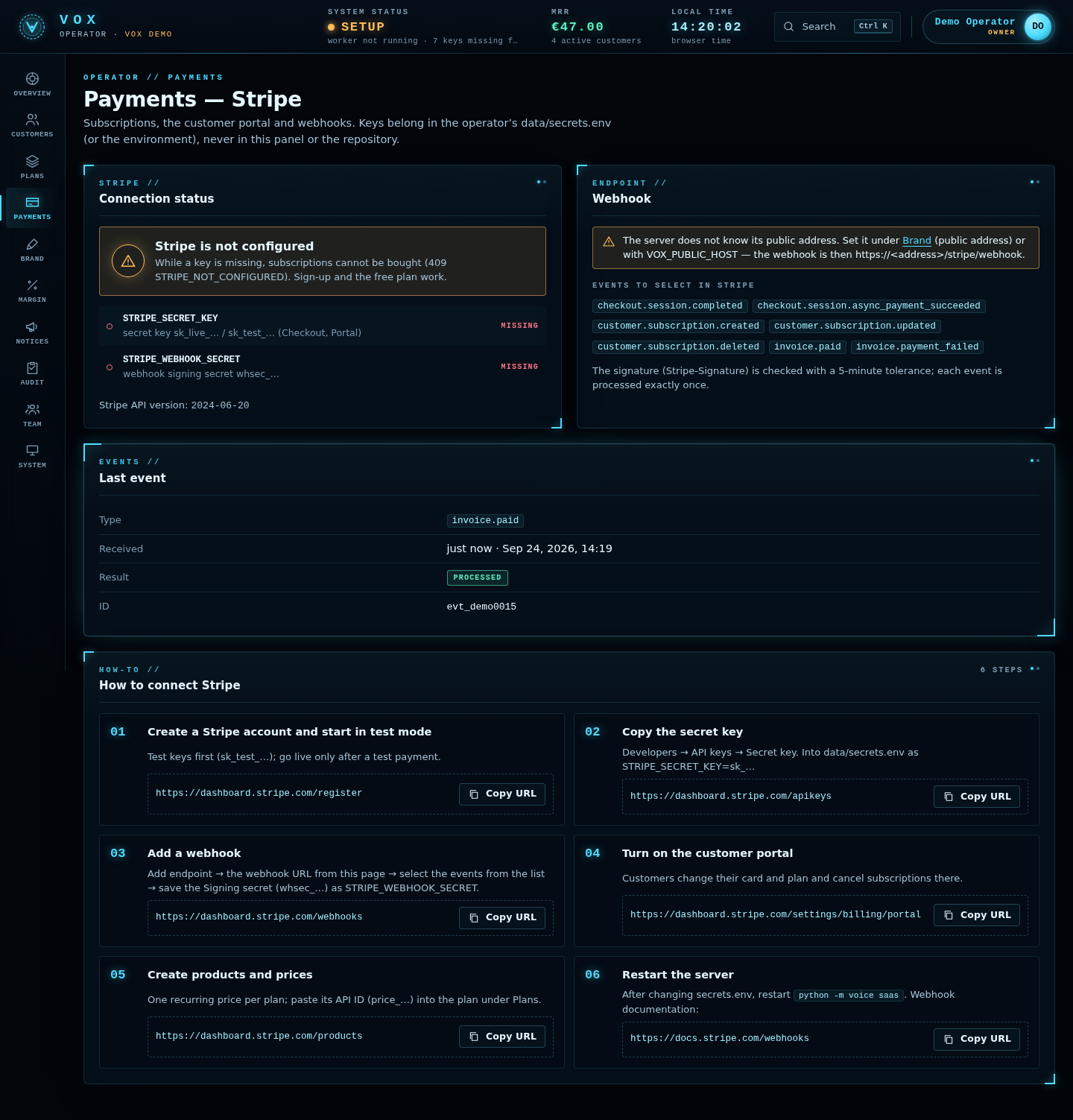 Operator panel — Stripe, desktop width