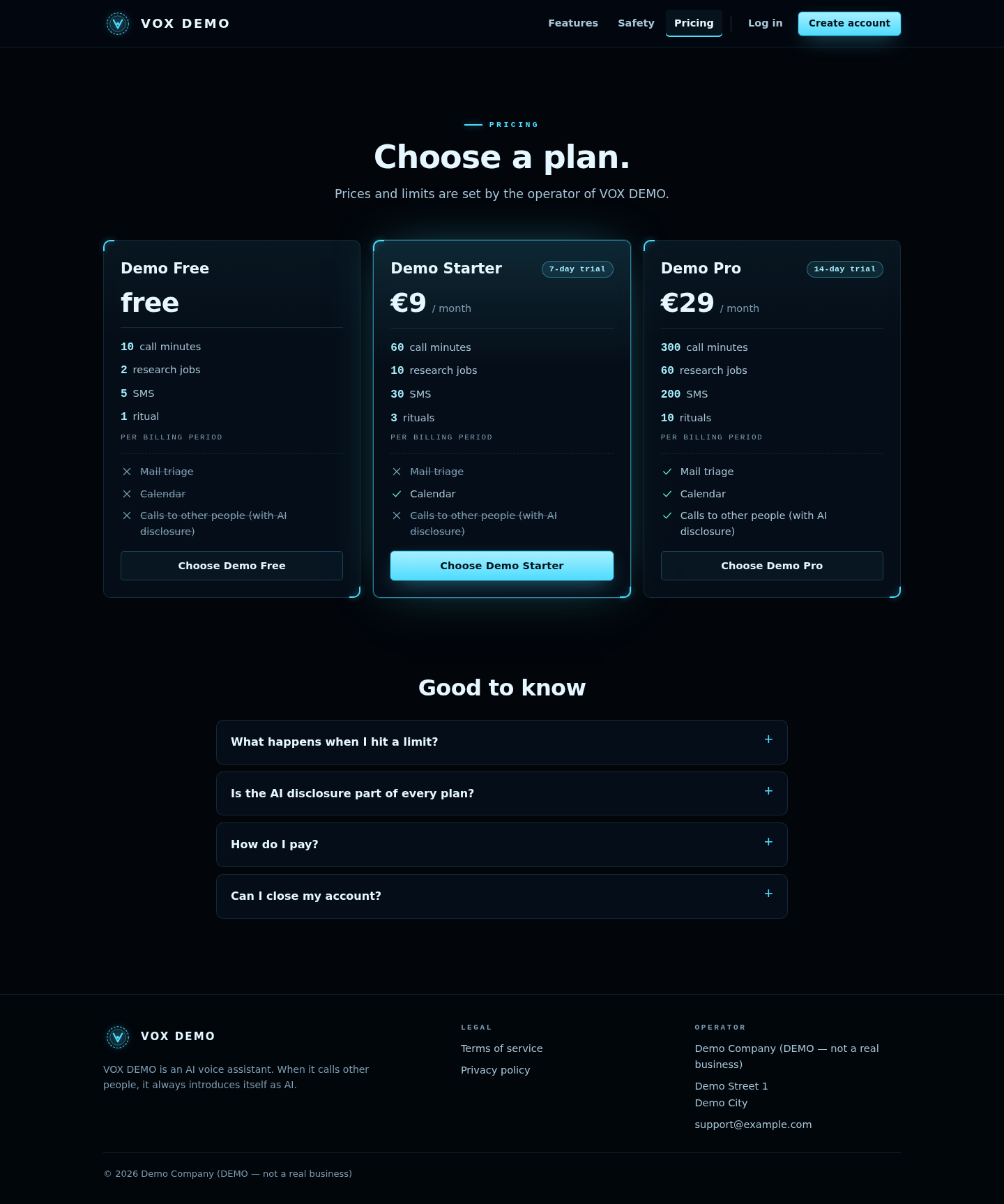 Public site — pricing, desktop width