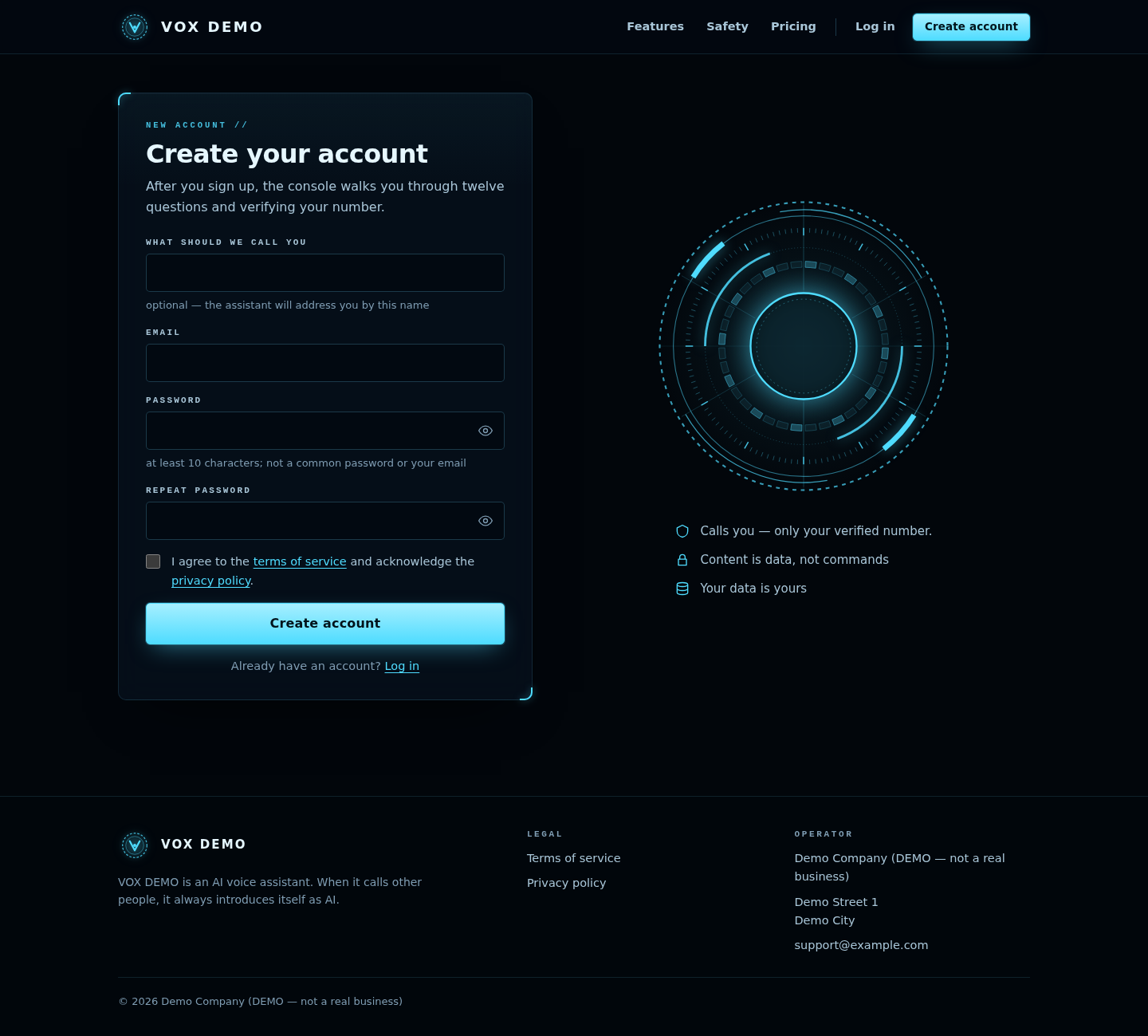 Public site — sign-up, desktop width