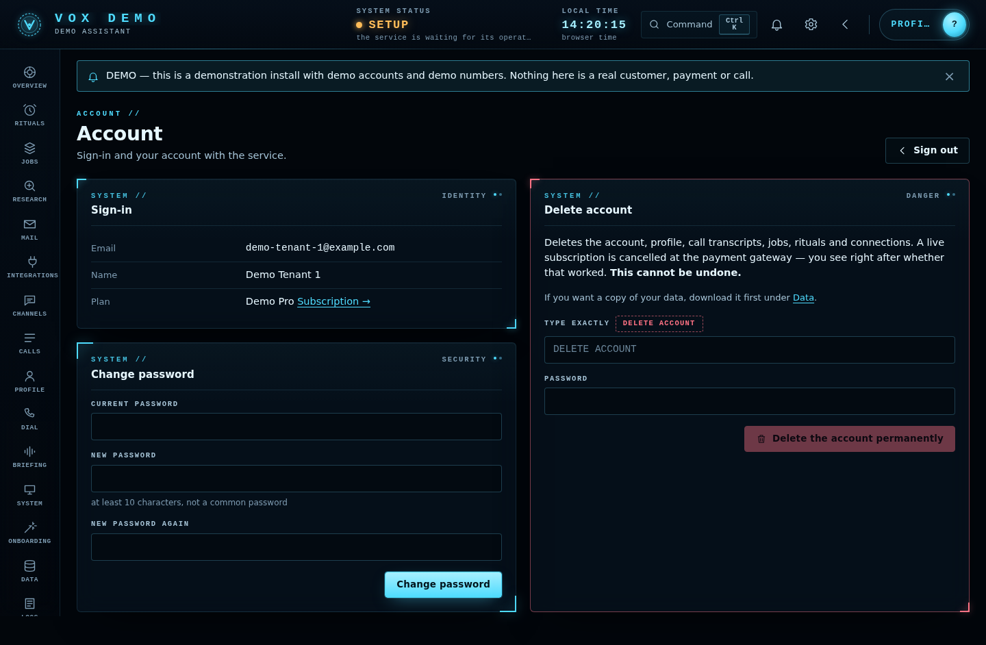 Tenant console — account, desktop width