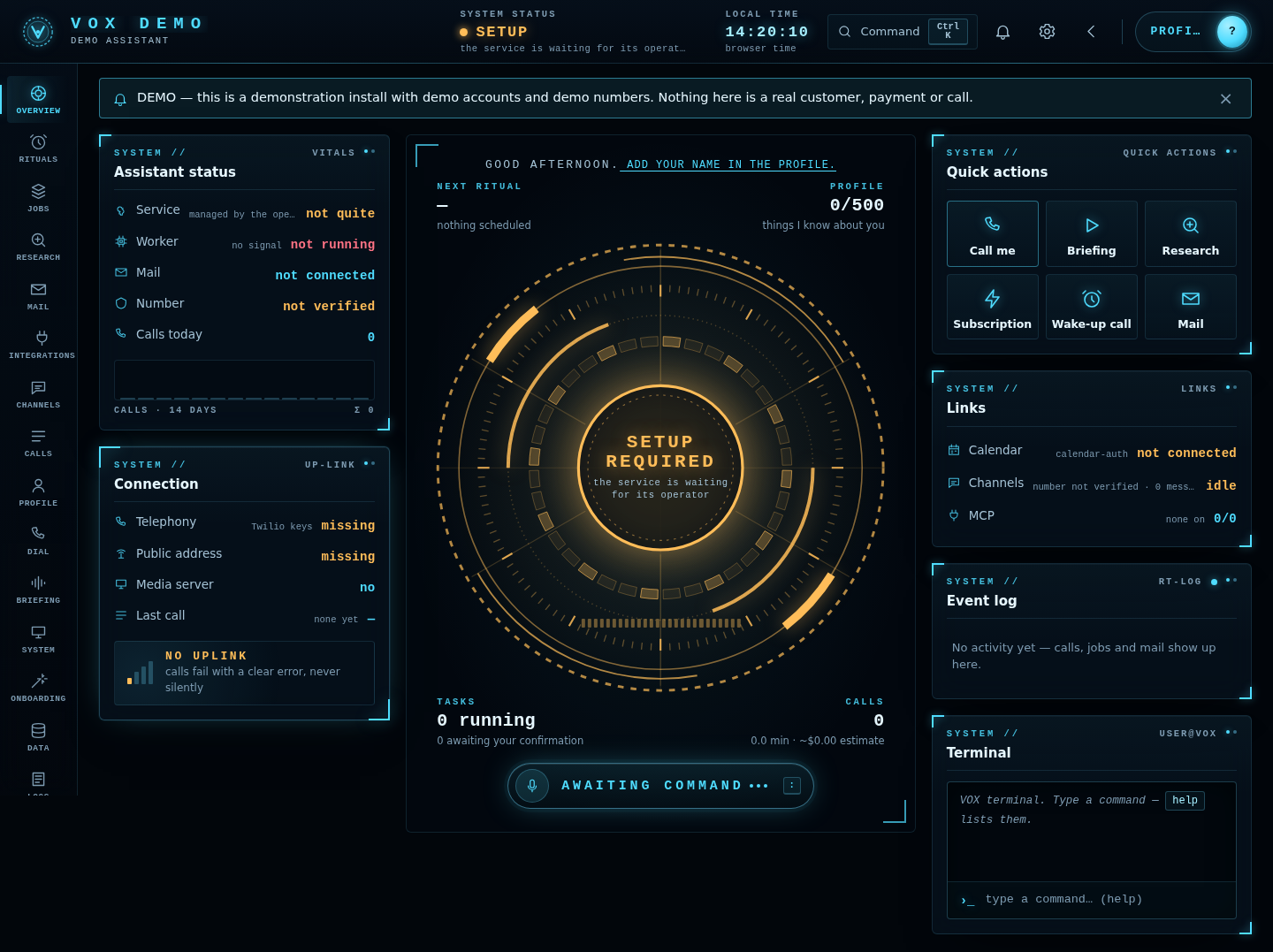Tenant console — dashboard, desktop width