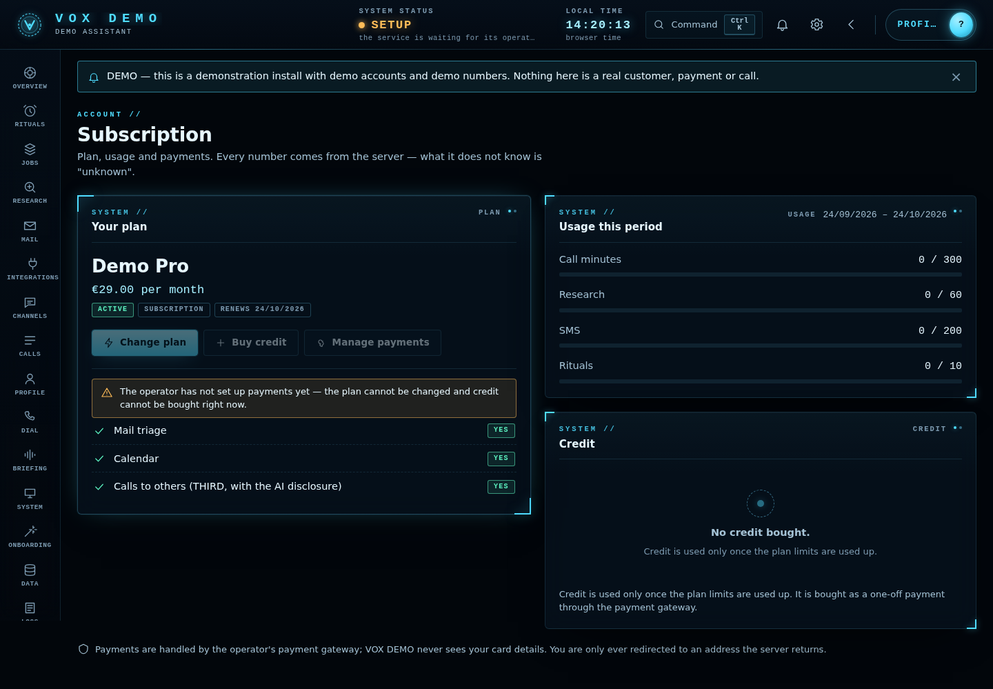 Tenant console — subscription, desktop width