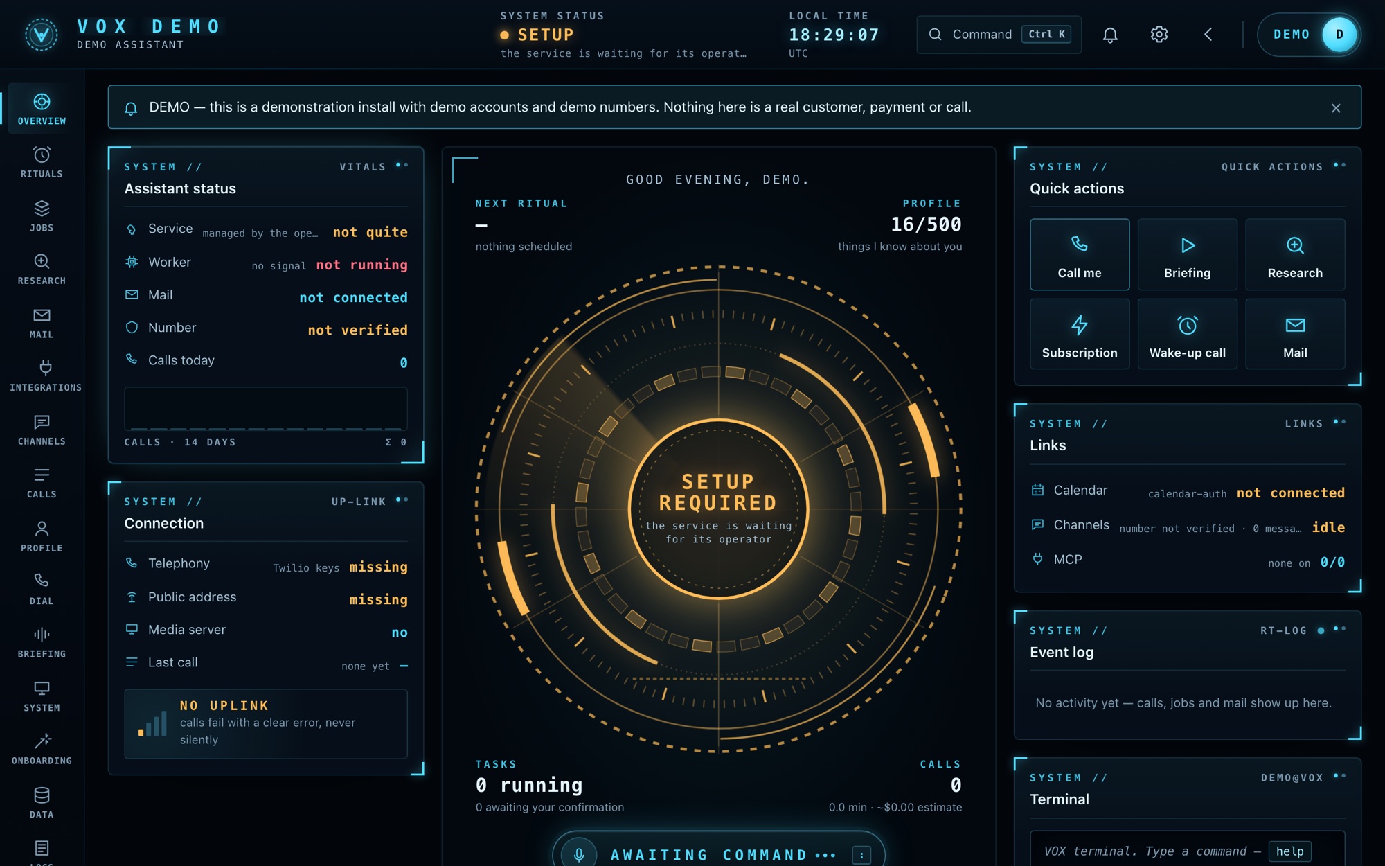 VOX console: assistant status, the central core, quick actions and the event log